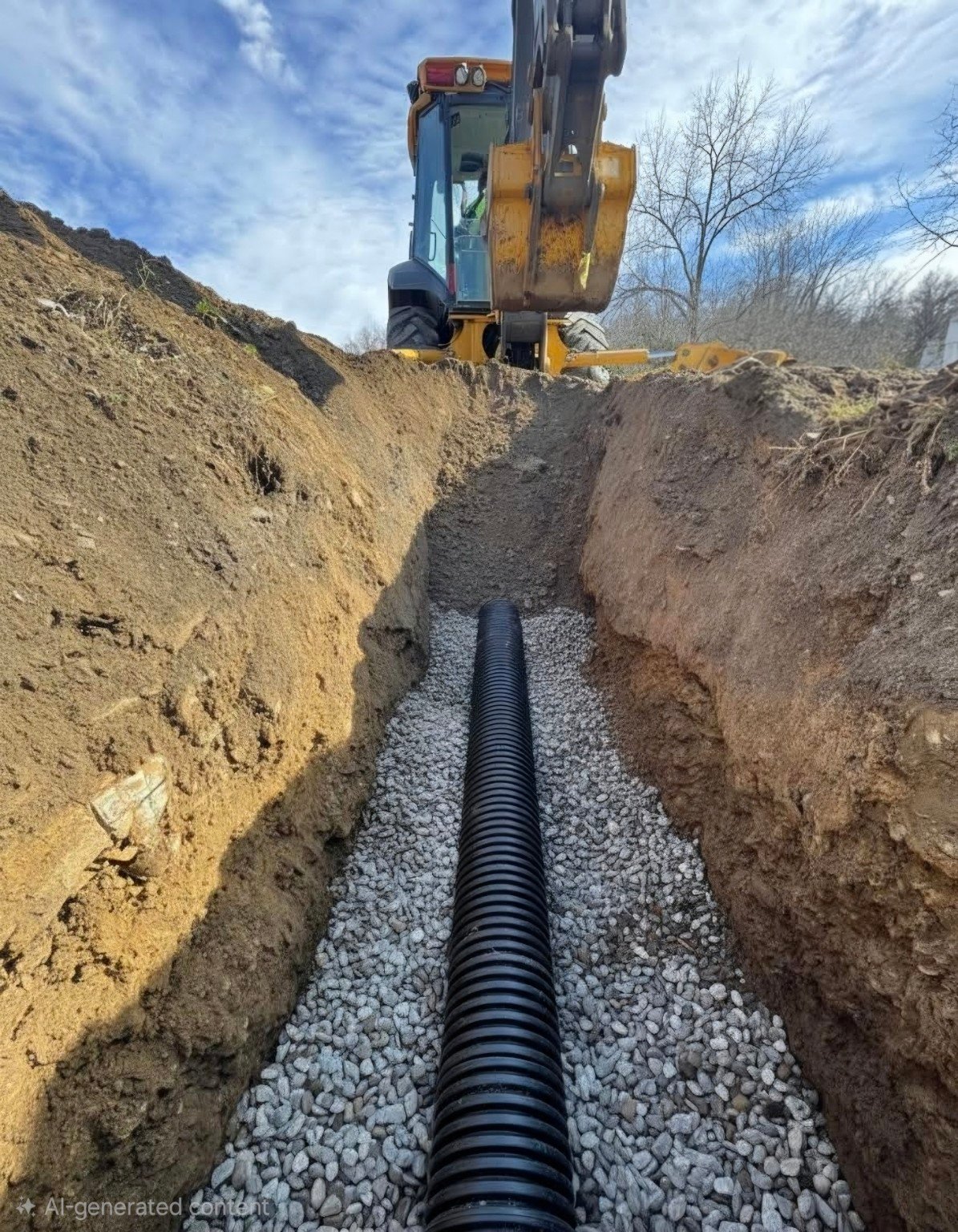 French drain installation with perforated pipe and stone by GradeCraft Excavation in Warren County NJ