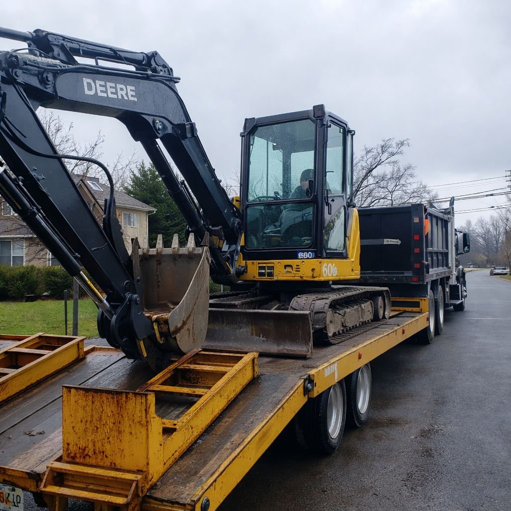 GradeCraft John Deere mini excavator on flatbed transport New Jersey